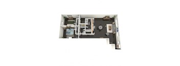 A floor plan of a 2 bedroom apartment with a kitchen, living room, and bathroom.