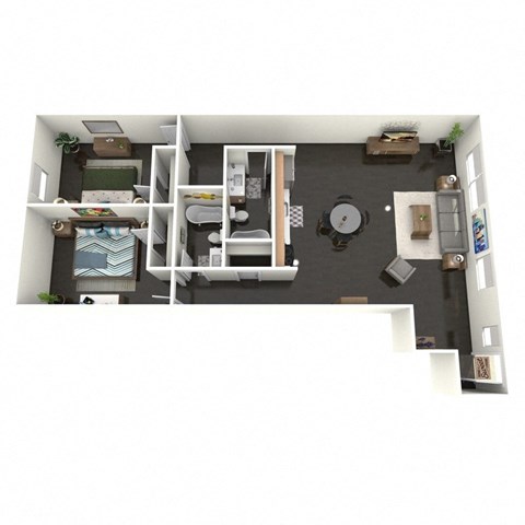 A floor plan of a 2 bedroom apartment with a kitchen, living room, and bathroom.