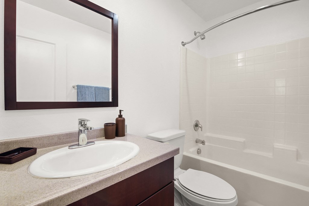 a bathroom with a sink toilet and shower and a mirror