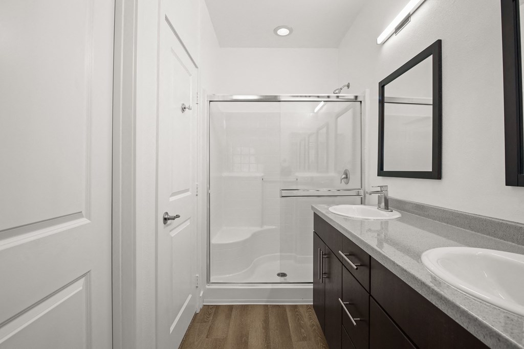 a bathroom with a shower and a sink and a mirror