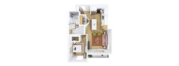 A top down view of a small apartment with a kitchen, living room, and bathroom.