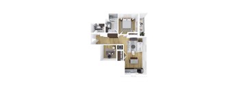 A top-down view of a modern kitchen and living room.