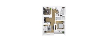 A top-down view of a small apartment with a kitchen, living room, and bathroom.