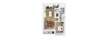 A top down view of a small apartment with a kitchen, living room, and bathroom.