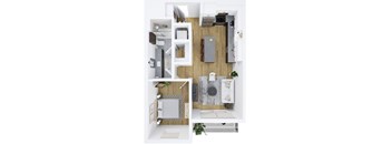 A top-down view of a modern apartment layout.
