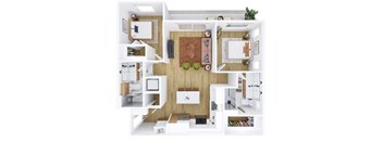 A top down view of a modern apartment layout.