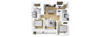 A top-down view of a modern kitchen and living room.
