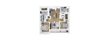 A top-down view of a modern apartment with a kitchen, living room, and bathroom.