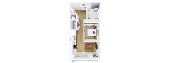 A top down view of a small apartment with a kitchen, living room and bathroom.