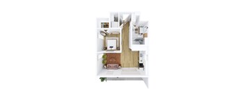 A top down view of a small apartment with a kitchen, living room and bedroom.