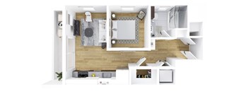 A white and wood floor plan of a house with a kitchen, living room, and bathroom.