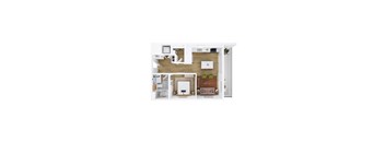 A top-down view of a small apartment with a kitchen, living room, and bathroom.