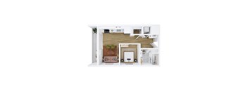 A white interior design layout with a couch, a table, and a television.