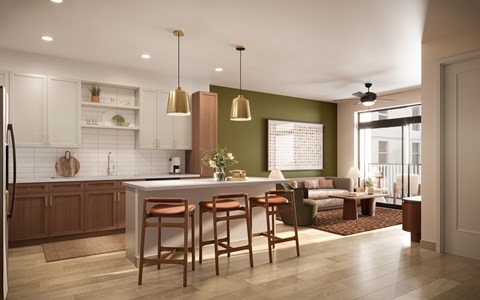 A modern kitchen with a bar area and a dining area.