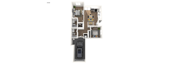 3D floorplan of B0, a two-bedroom home with a garage and a living area.