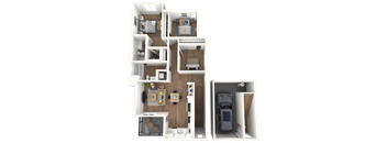 A 3D floor plan of C0 apartment with a kitchen, living room, and bedroom.