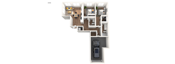 A 3D rendering of a 2 bedroom apartment home at Rancho Valencia apartments with a car garage.