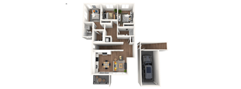A 3D floor plan of C1 apartment home at Rancho Valencia with a kitchen, living room, and 3 bedrooms and 2 bathrooms