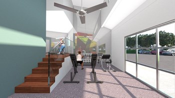 a computer generated image of the interior of a building with a staircase and a woman on a - Photo Gallery 28