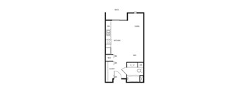 A floor plan of a small apartment with a kitchen, living room, bedroom, and closet.