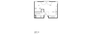 A black and white image of a floor plan for a 1 bedroom, 1.8 square meter unit.