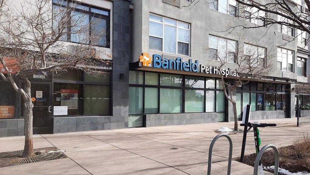 the front of a building with a parking meter in front of it