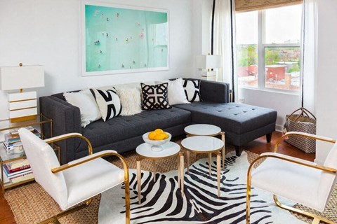 a living room with a black couch and a zebra rug