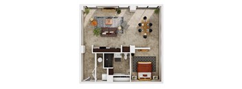 A top-down view of a living room with a couch, coffee table, and a dining table with chairs.