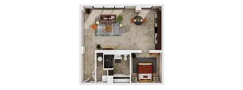 A top-down view of a living room with a couch, coffee table, and kitchen area.