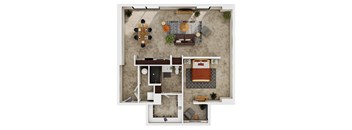A top-down view of a living room with a dining table and couch.