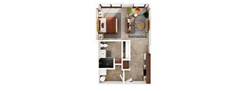 A top-down view of a small apartment with a bed, desk, and kitchenette.