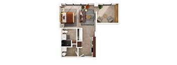 A top-down view of a living room with a couch, coffee table, and a kitchen area.
