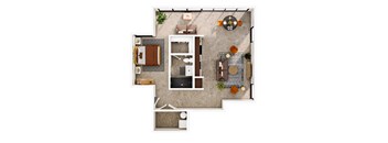 A top-down view of a living room with a couch, coffee table, and television.