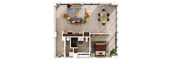A top-down view of a living room with a couch, a coffee table, and a dining table with chairs.