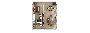 A top-down view of a living room with a dining area.