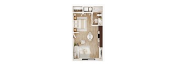 A top-down view of a modern, minimalist kitchen and living room.