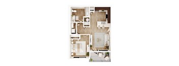 A top-down view of a modern, minimalist apartment layout.