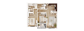 A top-down view of a small apartment with a kitchen, living room, and bathroom.