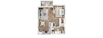 A top-down view of a modern bathroom with a large mirror, a sink, a toilet, and a bathtub.