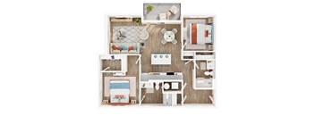A top-down view of a room layout with a couch, table, and chairs.
