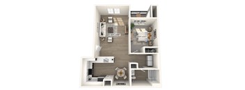 A 3D floor plan of a small apartment with a kitchen, living room, and bathroom.