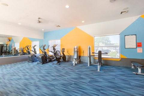 A gym with a variety of exercise equipment.