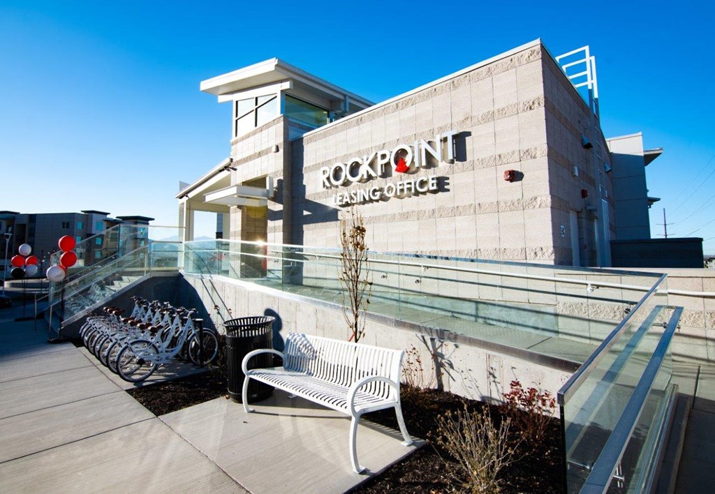 Rockpoint Apartments Exterior Leasing Office and Bike Racks