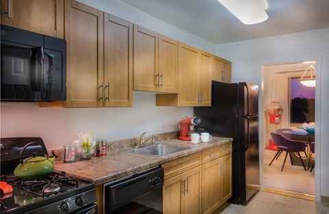 A kitchen with black appliances and wooden cabinets.