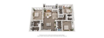 A 3D floor plan of a house with multiple rooms and furniture.