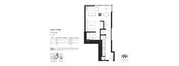 A black and white image of a floor plan for a studio apartment.
