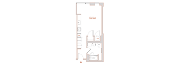 A floor plan of a bedroom and living area with a kitchenette.