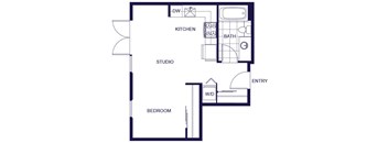 A floor plan of a studio with a kitchen, bathroom, and living area