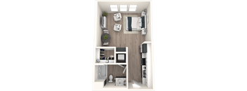 A top-down view of a small, modern apartment with a kitchen, living room, and bathroom.