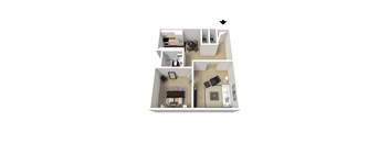 A 3D image of a house layout with a living room, kitchen, and bedrooms.